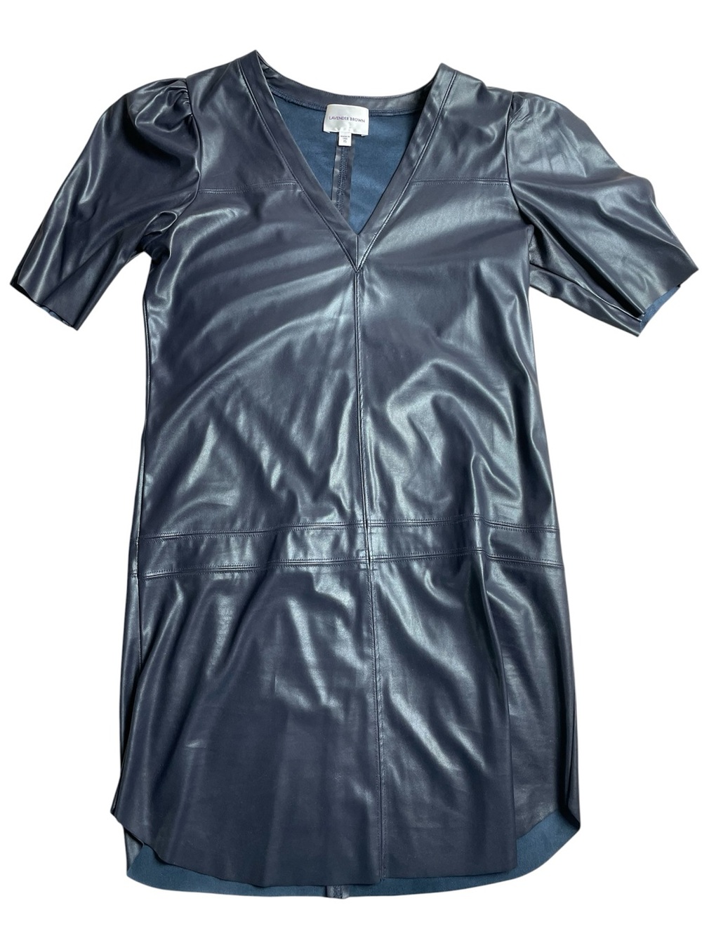 Lavender Brown Faux Leather V-Neck Dress – Navy Blue Puff Sleeve, Size XS